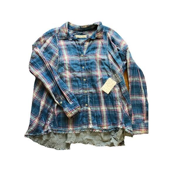 Free People Seeking Starlight Top Sz M NWT Blue Plaid Cotton Raw Hem grunge - Picture 2 of 10